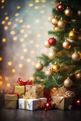 decorated Christmas tree with gifts around, Bokeh effect for a blurred background
