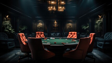 A dark modern secret poker game room, big round table in the room.