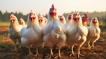 Fototapeta premium Group of chickens standing in field.