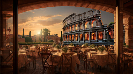 Сafe overlooking evening Colosseum in historic center of Rome. Fall travel. Banner. - Powered by Adobe