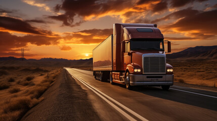 Hauling truck driving on highway at sunset.