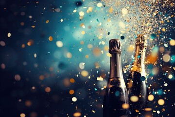 Celebration background with champagne bottle, confetti stars and party streamers - Powered by Adobe