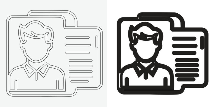 set of identity card icons, including a personal ID, voter identification card, driver's license, entry card symbol, and photo ID sign. Outlined vector image
