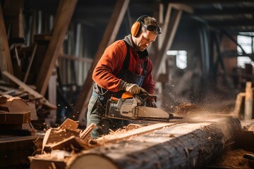 Lumberman. fueling chainsaw during work at sawmill