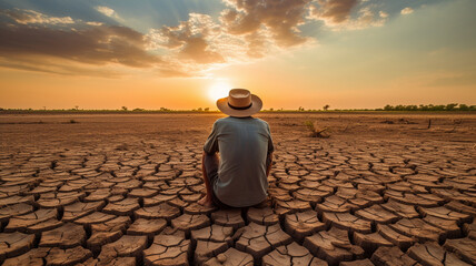 a young man in a hat sits in the field and looking at the distance. a lonely man in a straw hat and a lonely shirt stands