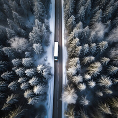 top down view of truck driving through winter forest on empty road