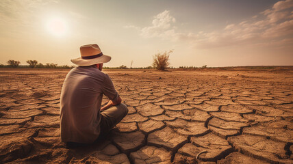 a young man in a hat sits in the field and looking at the distance. a lonely man in a straw hat and a lonely shirt stands