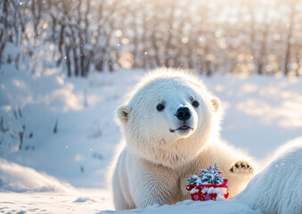 Cute cartoon santa bear on the snow
