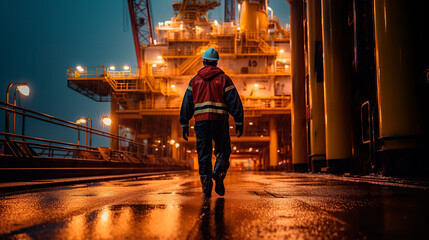 Close up of Offshore oil rig worker walks to an oil and gas facility to work in the process area - obrazy, fototapety, plakaty