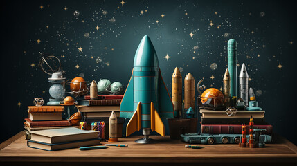 Zurück zum Schulkonzept mit Rakete, Büchern, Bleistiften und Sternen.