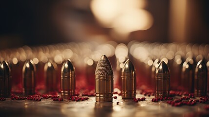 Lots of bullets close up. Military attribute. - obrazy, fototapety, plakaty