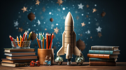 Zurück zum Schulkonzept mit Rakete, Büchern, Bleistiften und Sternen.