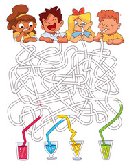 Children logic game to pass maze. Kids drink cocktails. Color straws and find out whose cocktail. Educational game for kids. Attention task. Choose right path. Funny cartoon character. Worksheet page - obrazy, fototapety, plakaty