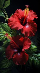 The radiant bloom of a hibiscus, its deep red contrasting with lush foliage.