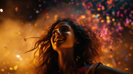 Naklejka premium Girl at a night open air party festival with fireworks and dry holi colors. Creative banner for youth party concert.