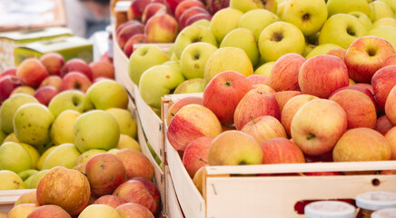 wooden apple crates at the rustic market of zero kilometer organic products, Apples of different varieties on display at an outdoor market