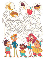 Maze for children. Kids choose their favorite food. Educational game for kids. Attention task. Choose right path. Funny cartoon character. Worksheet page. Vector illustration. Isolated on white