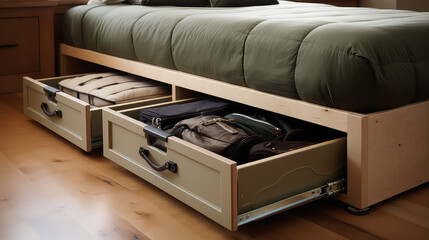Fototapeta premium Under - Bed Storage closeup. Modern bed with drawers for cloths, linens and seasonal items. Comfortable bed with storage system. 