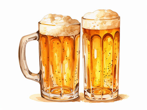 Illustration of two beer glasses in style of watercolor on white background