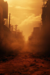 old small town ruins. western vilage. farm ranch empty dirt road. Farm sunset path. Foggy, misty. Fantasy rural path. 