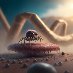 A jumping spider sitting on top of a toadstool photography Cinematic lighting Unreal Engine Normal perspective Made of iron Medium format camera Dramatic scene 