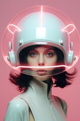 Futuristic portrait of a brunette wearing a surrealistic luminous helmet on a pastel pink background.