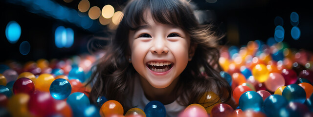Cute smiling kid in sponge ball pool looking at camera