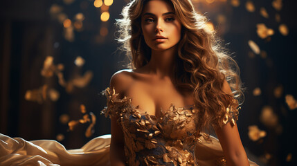 Sexy Girl in Golden Party Dress. Fashion Woman with Glamour Makeup