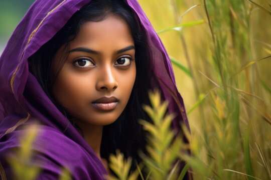 Portrait of an Indian young girl wearing a lilac cape amongst field plants.