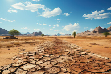 A dusty, arid desert landscape shimmering in the scorching sun. Concept of desert heat. Generative Ai.