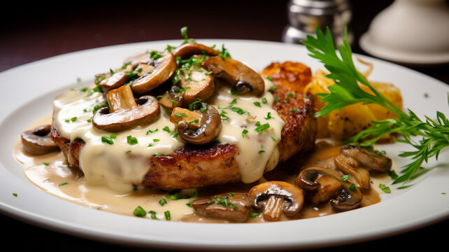 delicious chicken steak with mushrooms, herbs and sauce