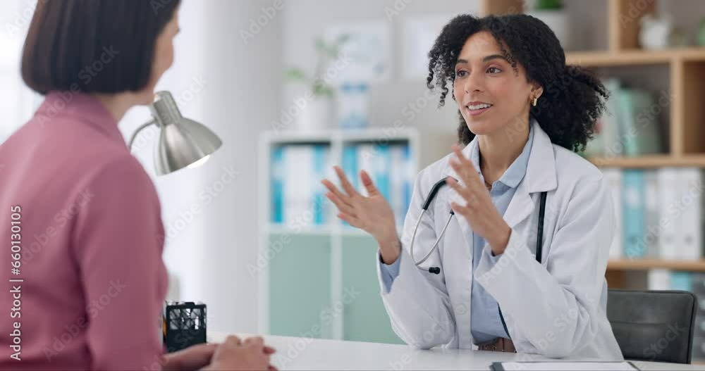 Canvas Prints Doctor, woman and handshake in office with communication for healthcare, medical support or wellness. Professional, employee or person with patient for conversation, advice or consultation at clinic