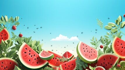 watermelon and other kinds of refreshing summer fruit - obrazy, fototapety, plakaty