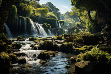 A clear, pristine waterfall cascading down a rocky cliff in a secluded forest. Concept of hidden beauty. Generative Ai.