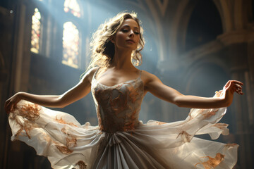 Fototapeta premium A graceful ballet dancer in mid-pirouette, embodying elegance and artistry. Concept of dance as beauty. Generative Ai.