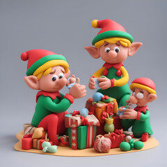 Cute cartoon monkey and elf with christmas gifts on gray background