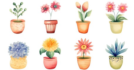 watercolor style cartoon illustration of cute flower pots blossoming in many type of flower and many pot paint pattern, isolated on white background, collection set, Generative Ai