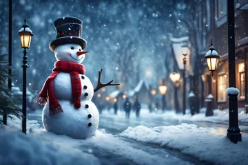 Tableaux ronds sur aluminium brossé Chambre denfants Happy snowman standing in winter christmas town street