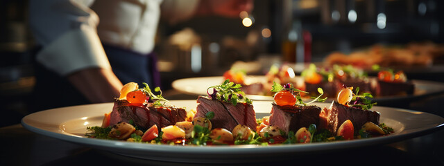 Chef finishing her plate and almost ready to serve at the table.