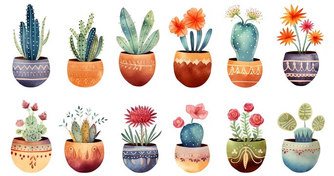 Watercolor Style Cartoon Illustration Of Cute Flower Pots Blossoming In Many Type Of Flower And Many Pot Paint Pattern, Isolated On White Background, Collection Set, Generative Ai