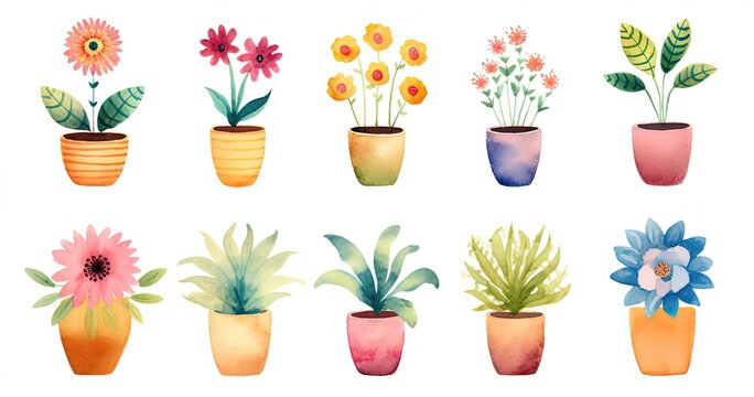 watercolor style cartoon illustration of cute flower pots blossoming in many type of flower and many pot paint pattern, isolated on white background, collection set, Generative Ai