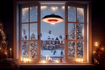 View from open window of room decorated in Christmas style to flying saucer in sky outdoor