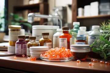A pharmacist's counter filled with various medications, emphasizing pharmaceutical care. Concept of medicinal health. Generative Ai.