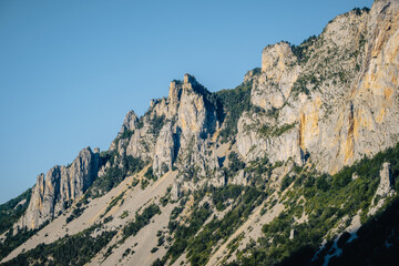 Fototapeta na wymiar View on the limestone cliffs of the Archiane Cirque near Chatillon en Diois in the French Alps (Drome)