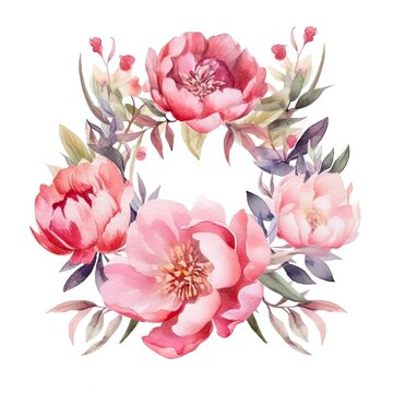 Wedding floral composition. Watercolor peony flowers isolated on white illustration. Generative AI
