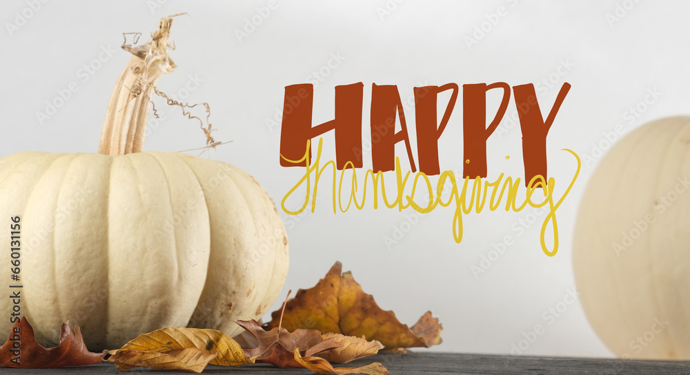 Poster happy thanksgiving with white pumpkin and hand written greeting for fall season holiday concept. - Posters