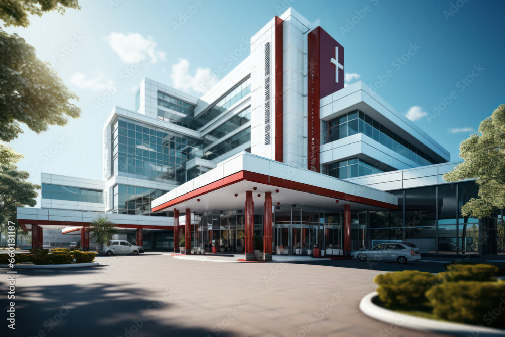 Wall mural A modern hospital building, symbolizing advanced medical care and emergency services. Concept of healthcare infrastructure. Generative Ai.