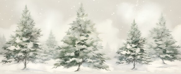 Vintage postcard-style background showcasing a nostalgic snow-covered fir tree scene with hand-painted Christmas toys. Wide space available for messages or logos. generative AI