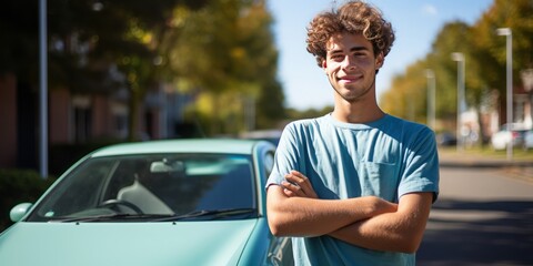License to Drive: Young Man Celebrates Getting His Drivers License with a Thumbs-Up Next to His Car