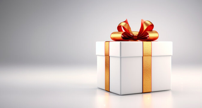 White box tied with red ribbon. Blurred background with bokeh effect. Holiday gift.